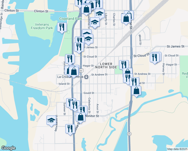 map of restaurants, bars, coffee shops, grocery stores, and more near 516 Caledonia Street in La Crosse