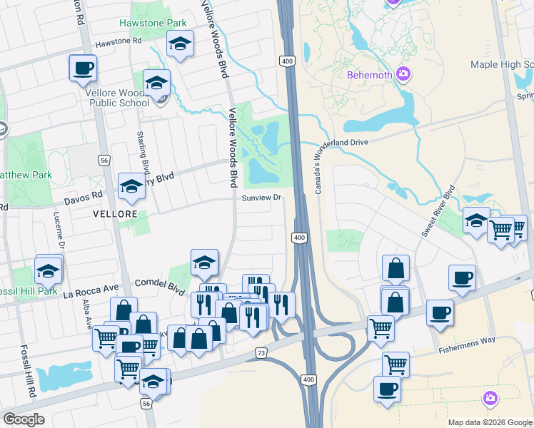 map of restaurants, bars, coffee shops, grocery stores, and more near 23 Shadetree Crescent in Vaughan
