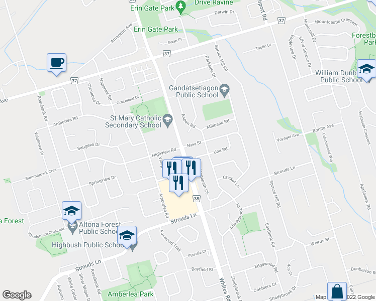 map of restaurants, bars, coffee shops, grocery stores, and more near 1928 New Street in Pickering