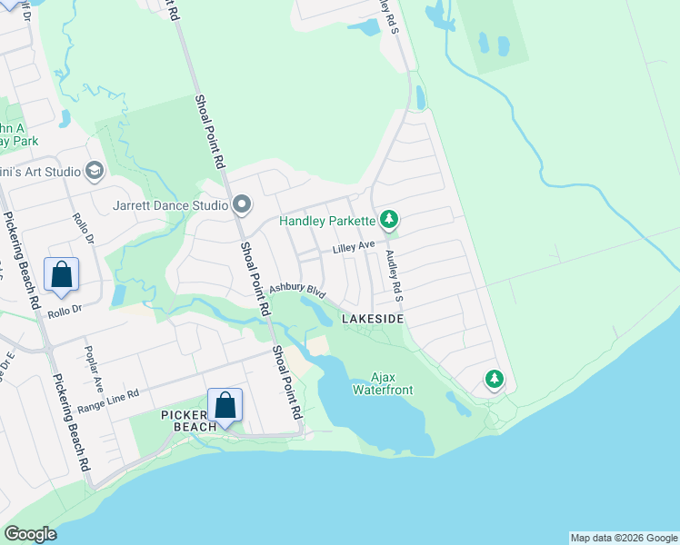 map of restaurants, bars, coffee shops, grocery stores, and more near 34 Davey Street in Ajax