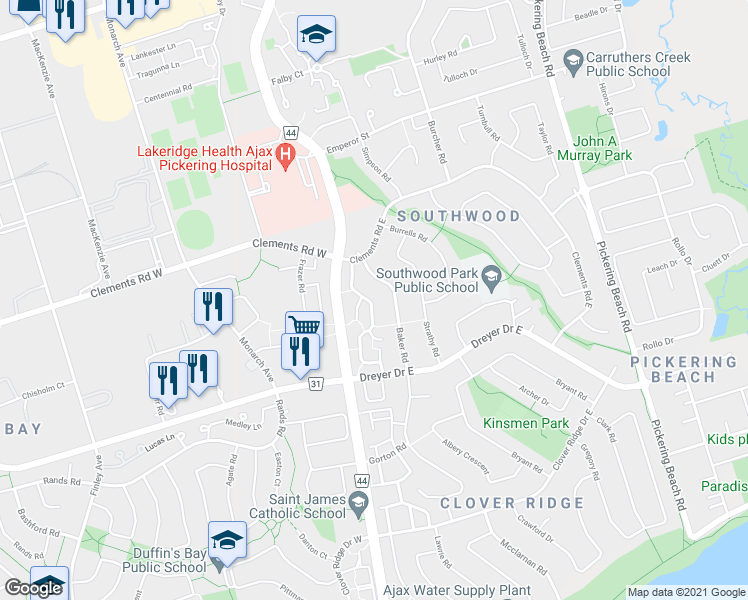 map of restaurants, bars, coffee shops, grocery stores, and more near 51 Deacon Lane in Ajax