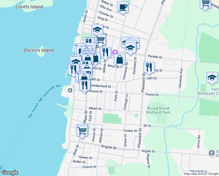 map of restaurants, bars, coffee shops, grocery stores, and more near 25 Cumberland Street in Yarmouth