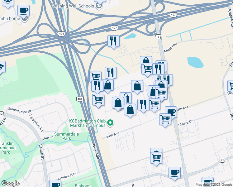 map of restaurants, bars, coffee shops, grocery stores, and more near 155 Shields Court in Markham
