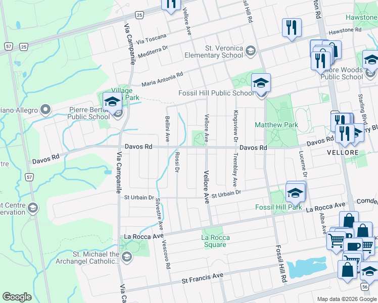 map of restaurants, bars, coffee shops, grocery stores, and more near 84 Rosario Drive in Vaughan
