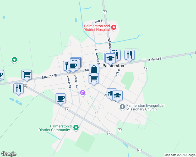 map of restaurants, bars, coffee shops, grocery stores, and more near 250 Queen Street North in Palmerston