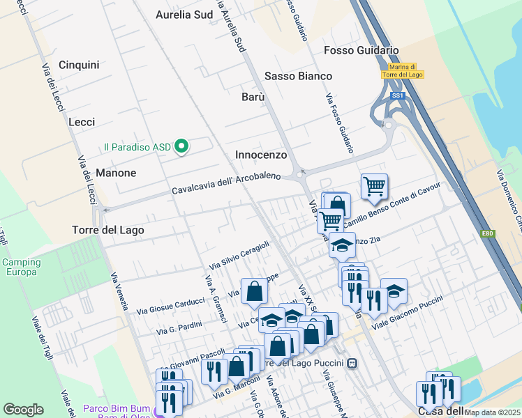 map of restaurants, bars, coffee shops, grocery stores, and more near 68 Via Guido Rossa in Torre del Lago Puccini