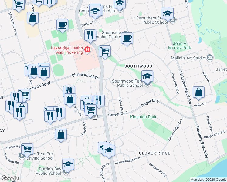 map of restaurants, bars, coffee shops, grocery stores, and more near 51 Deacon Lane in Ajax