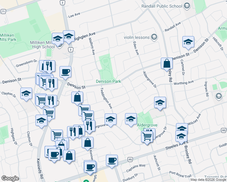 map of restaurants, bars, coffee shops, grocery stores, and more near 134 Dunbar Crescent in Markham