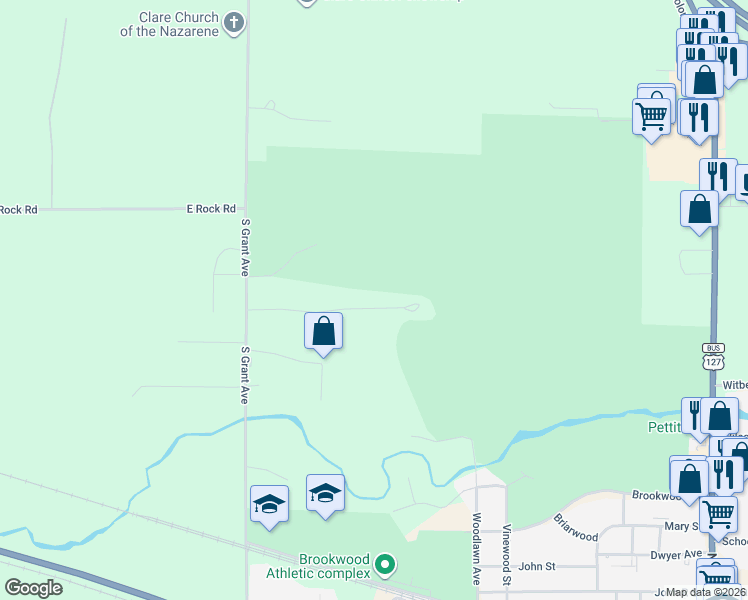 map of restaurants, bars, coffee shops, grocery stores, and more near 3254 Oakland Drive in Clare