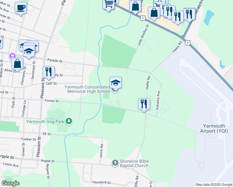 map of restaurants, bars, coffee shops, grocery stores, and more near 146 Forest Street in Yarmouth