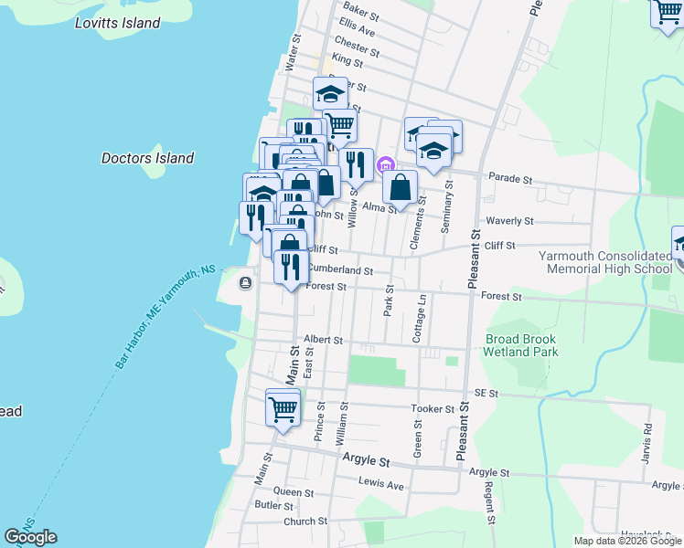 map of restaurants, bars, coffee shops, grocery stores, and more near 19 Cumberland Street in Yarmouth