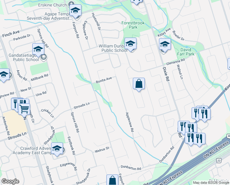 map of restaurants, bars, coffee shops, grocery stores, and more near 1872 Appleview Road in Pickering