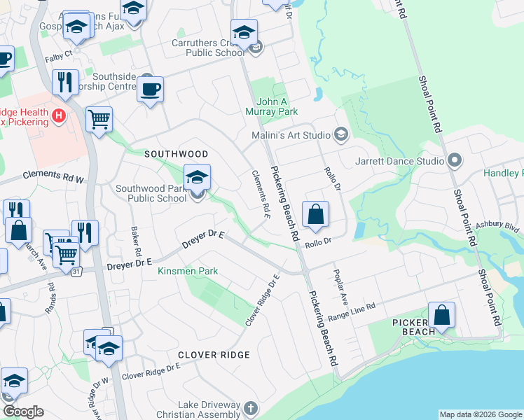 map of restaurants, bars, coffee shops, grocery stores, and more near 145 Clements Road E in Ajax