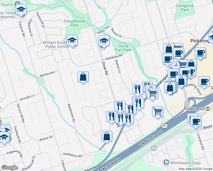 map of restaurants, bars, coffee shops, grocery stores, and more near 1531 Rawlings Drive in Pickering