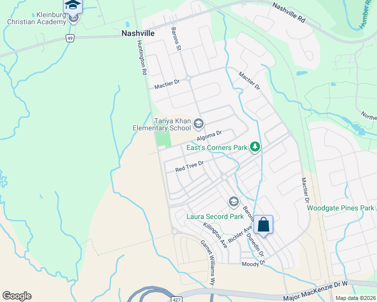 map of restaurants, bars, coffee shops, grocery stores, and more near 46 Kincardine Street in Vaughan