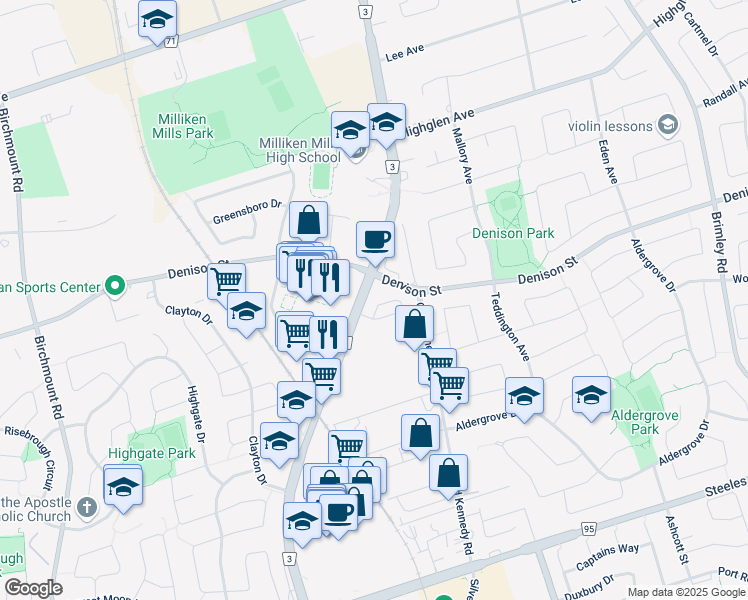 map of restaurants, bars, coffee shops, grocery stores, and more near in Markham