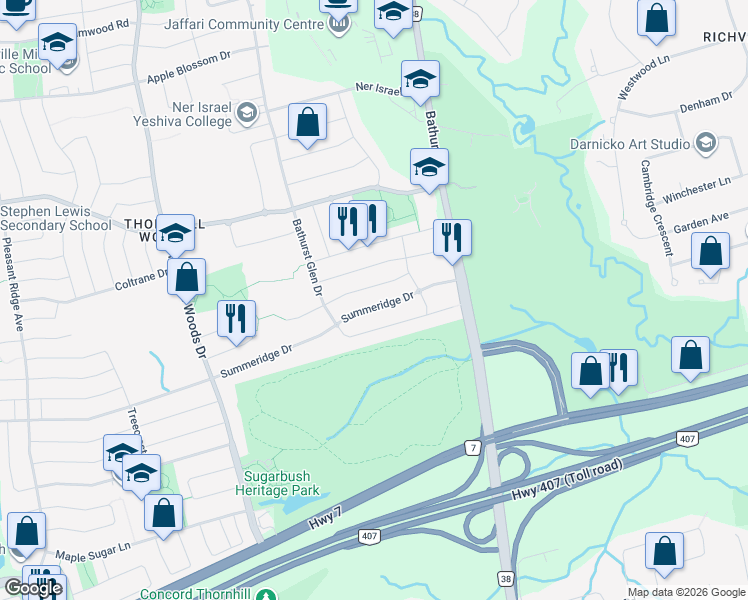 map of restaurants, bars, coffee shops, grocery stores, and more near 90 Summeridge Drive in Vaughan