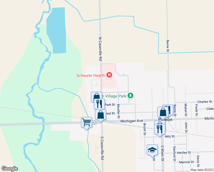map of restaurants, bars, coffee shops, grocery stores, and more near 7478 Bliss Street in Pigeon