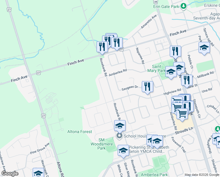 map of restaurants, bars, coffee shops, grocery stores, and more near Rosebank Road in Pickering