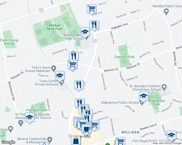 map of restaurants, bars, coffee shops, grocery stores, and more near 1661 Denison Street in Markham