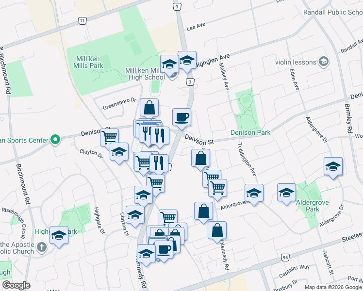 map of restaurants, bars, coffee shops, grocery stores, and more near 7363 Kennedy Road in Markham