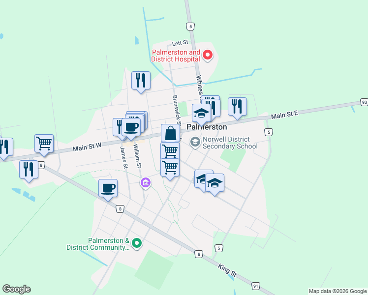 map of restaurants, bars, coffee shops, grocery stores, and more near 355 Derby Street in Palmerston