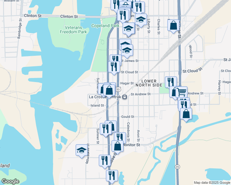 map of restaurants, bars, coffee shops, grocery stores, and more near 525 Rose Street in La Crosse
