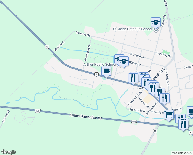 map of restaurants, bars, coffee shops, grocery stores, and more near 349 Smith Street in Arthur