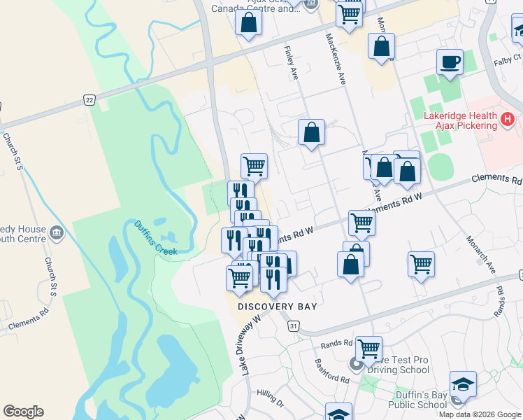 map of restaurants, bars, coffee shops, grocery stores, and more near 200 Fuller Road in Ajax
