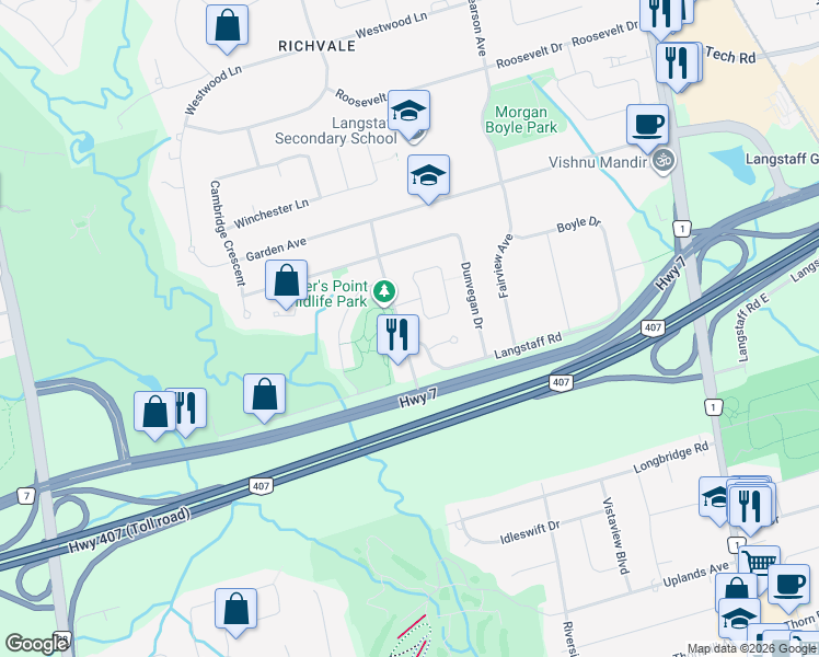 map of restaurants, bars, coffee shops, grocery stores, and more near 11 Hunters Point Drive in Richmond Hill