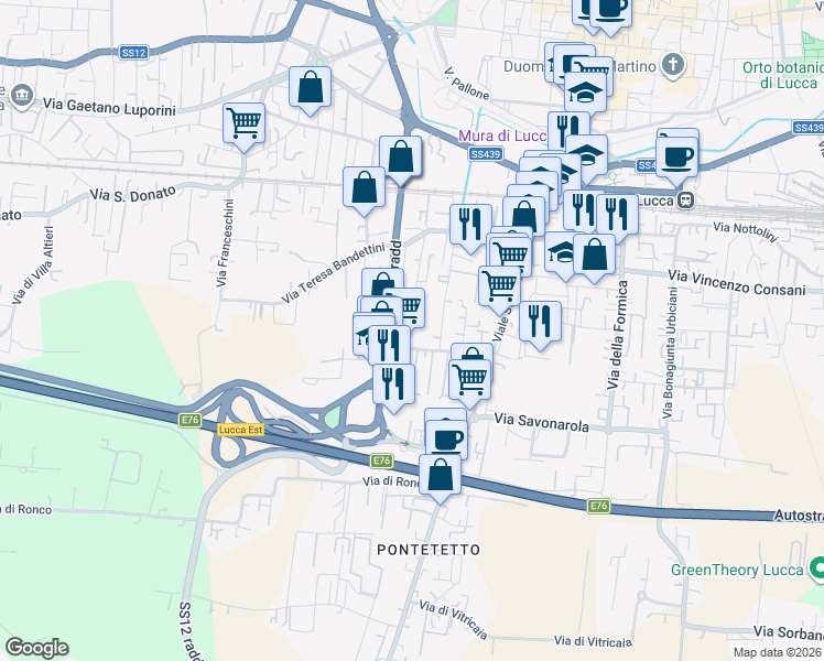 map of restaurants, bars, coffee shops, grocery stores, and more near 225 Via Giuseppe Ungaretti in Lucca