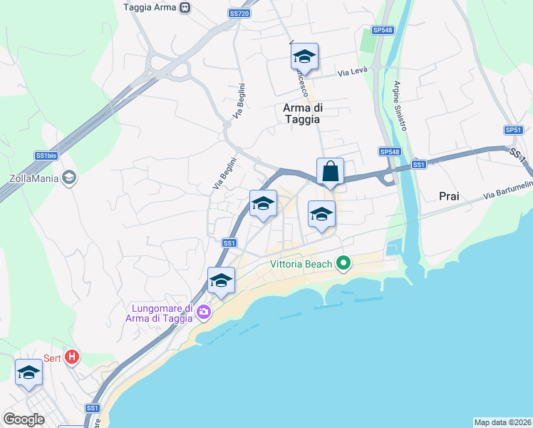 map of restaurants, bars, coffee shops, grocery stores, and more near 25 Via Papa Giovanni XXIII in Taggia