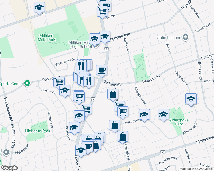 map of restaurants, bars, coffee shops, grocery stores, and more near 7373 Kennedy Road in Markham