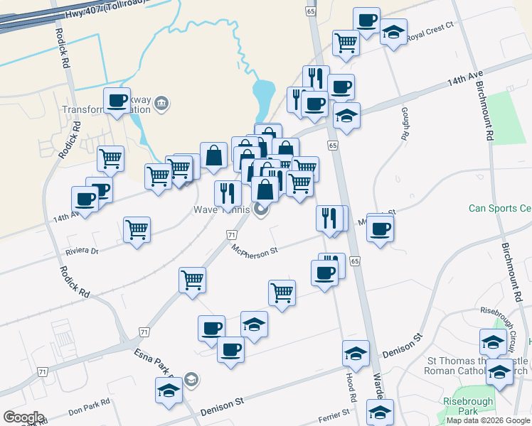 map of restaurants, bars, coffee shops, grocery stores, and more near 401 Alden Road in Markham