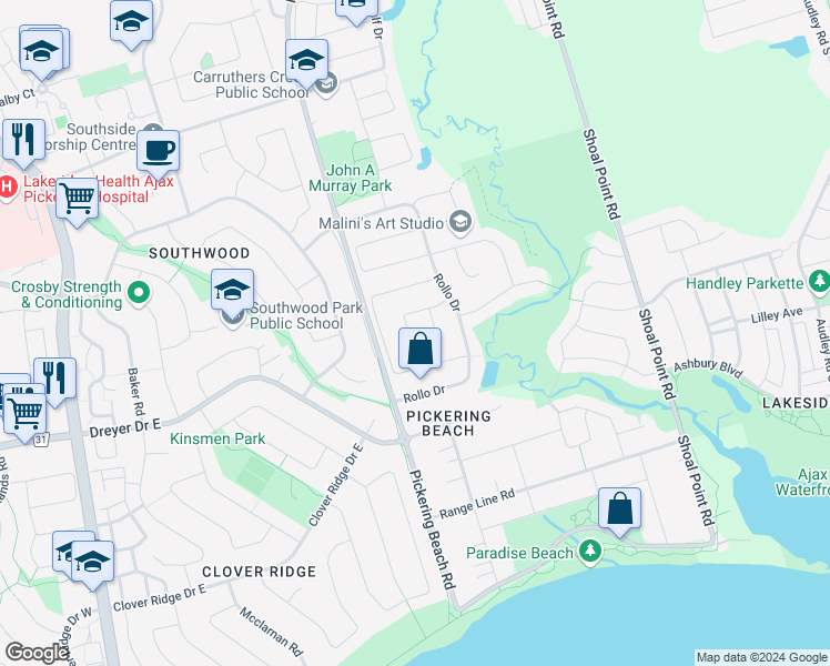 map of restaurants, bars, coffee shops, grocery stores, and more near 32 Leach Drive in Ajax