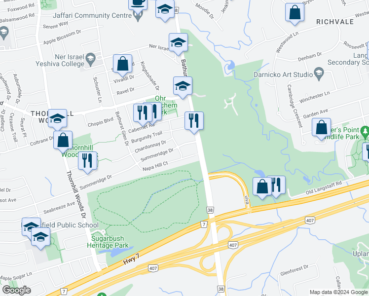 map of restaurants, bars, coffee shops, grocery stores, and more near 25 Summeridge Drive in Vaughan