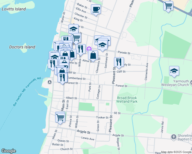 map of restaurants, bars, coffee shops, grocery stores, and more near 73 Cliff Street in Yarmouth