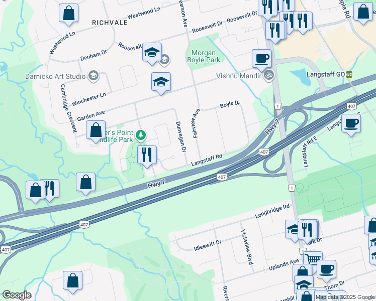 map of restaurants, bars, coffee shops, grocery stores, and more near 9 Dunvegan Drive in Richmond Hill
