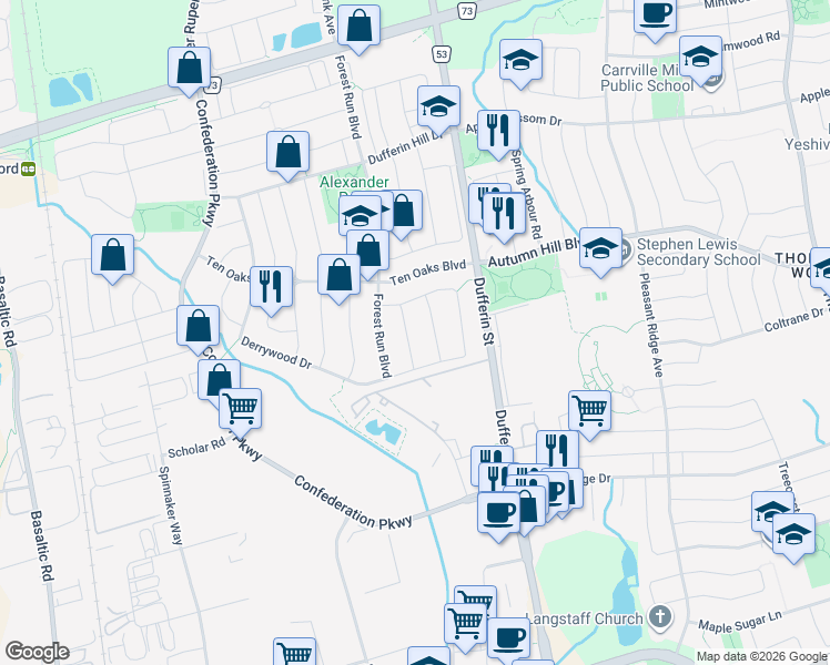 map of restaurants, bars, coffee shops, grocery stores, and more near in Vaughan