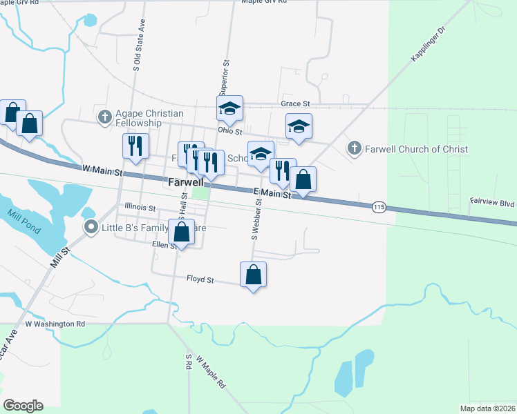 map of restaurants, bars, coffee shops, grocery stores, and more near Pere Marquette Trail in Farwell