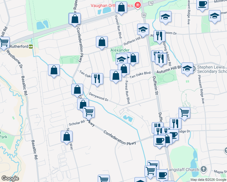 map of restaurants, bars, coffee shops, grocery stores, and more near 26 Belwood Boulevard in Vaughan