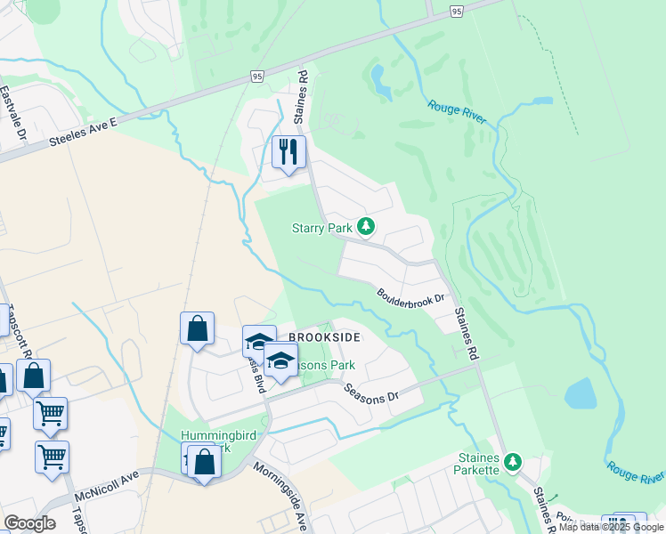 map of restaurants, bars, coffee shops, grocery stores, and more near 9 Hepatica Street in Toronto
