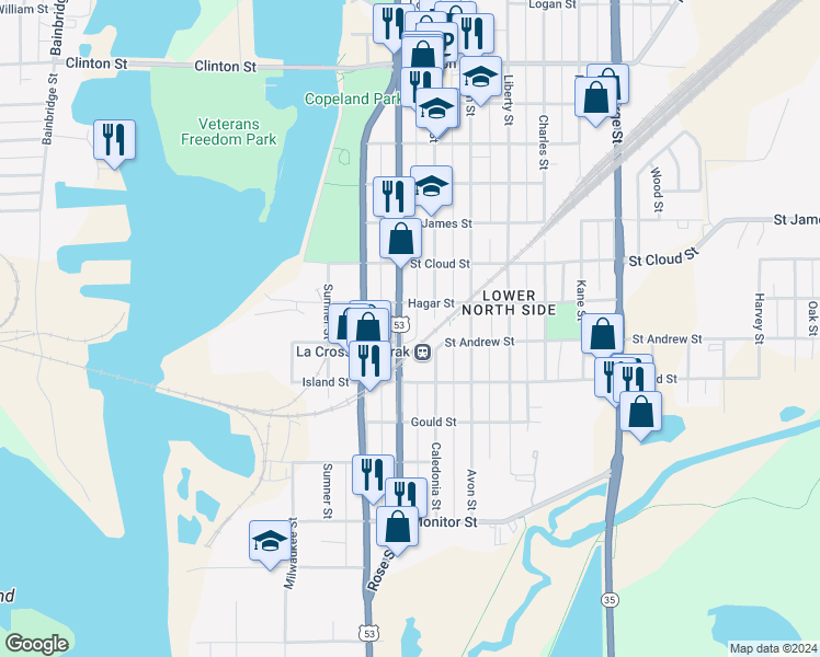 map of restaurants, bars, coffee shops, grocery stores, and more near 632 U.S. 53 in La Crosse