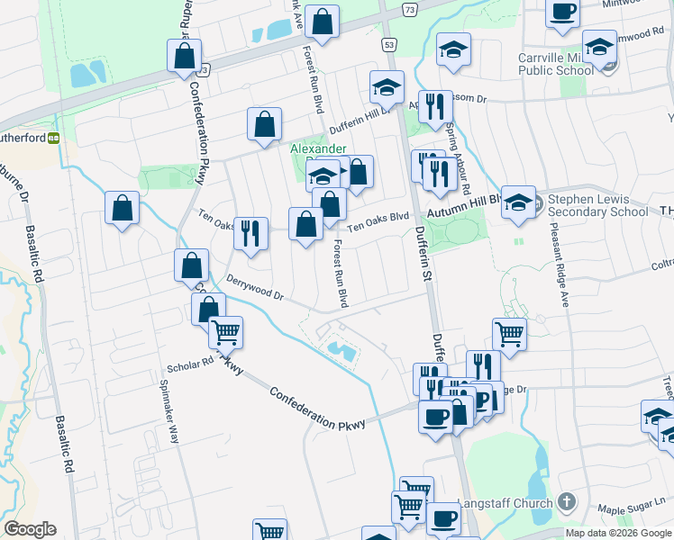 map of restaurants, bars, coffee shops, grocery stores, and more near 282 Forest Run Boulevard in Vaughan
