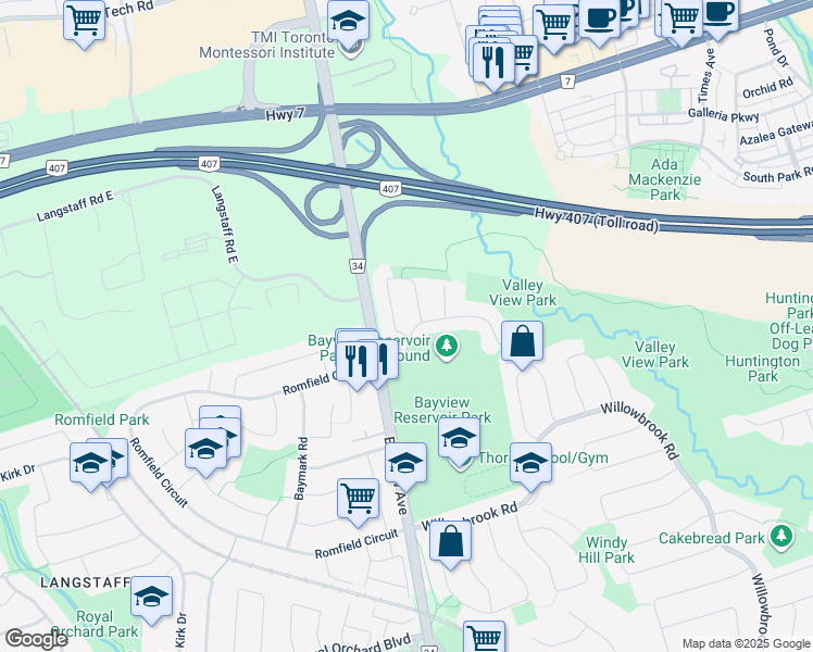 map of restaurants, bars, coffee shops, grocery stores, and more near 1 Evergreen Crescent in Markham