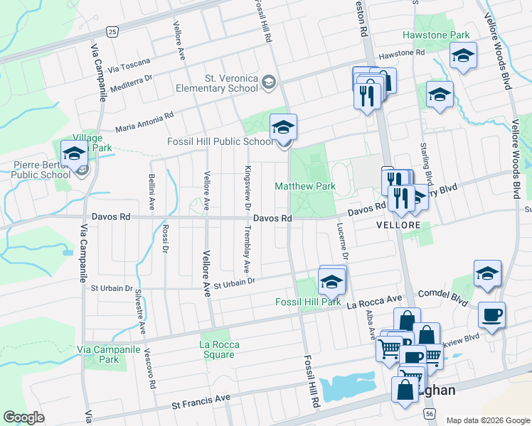 map of restaurants, bars, coffee shops, grocery stores, and more near 23 Cetona Avenue in Vaughan