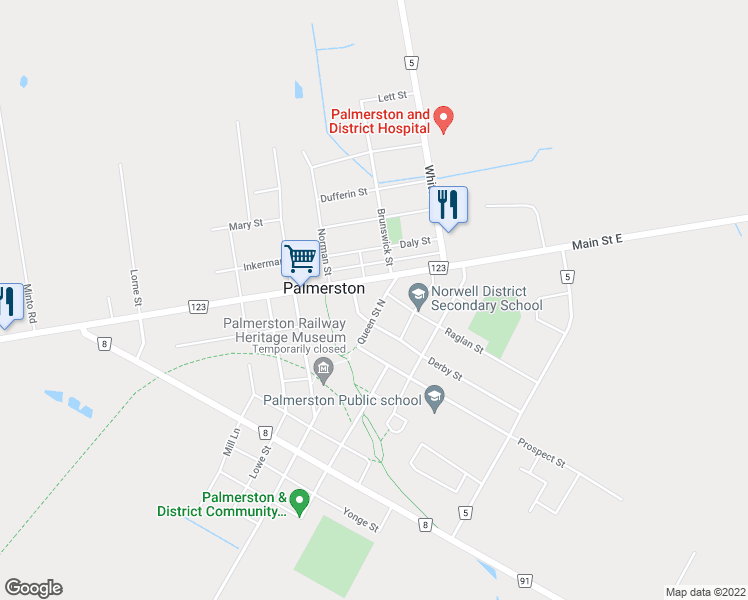 map of restaurants, bars, coffee shops, grocery stores, and more near 155 Queen Street North in Palmerston