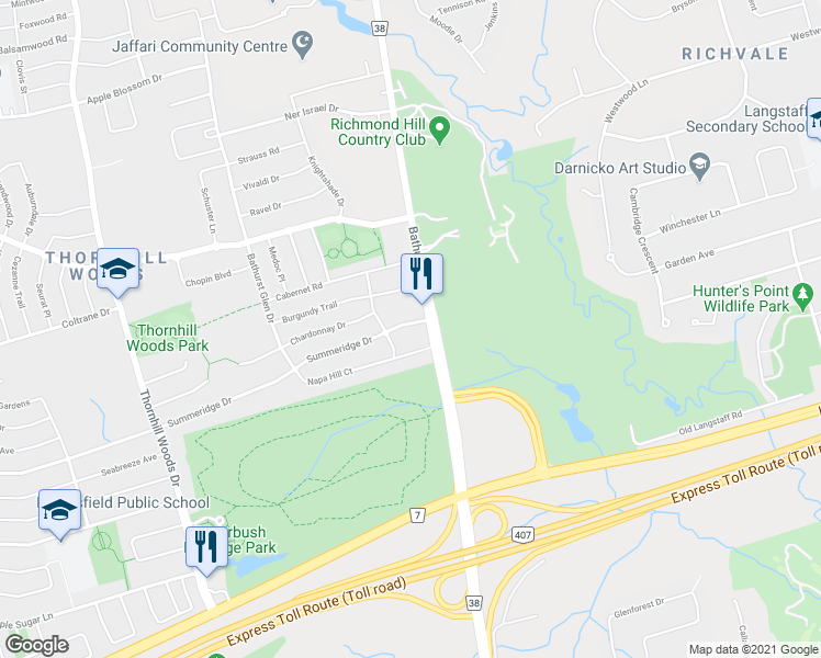 map of restaurants, bars, coffee shops, grocery stores, and more near 9 Summeridge Drive in Vaughan