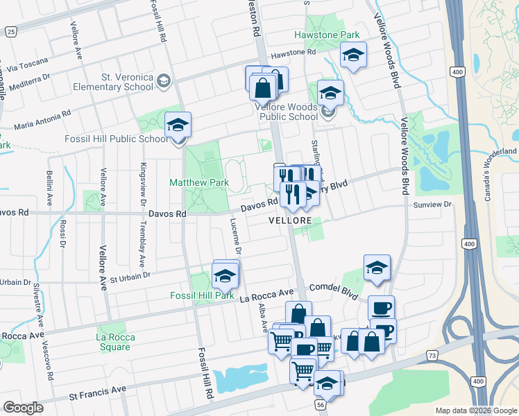 map of restaurants, bars, coffee shops, grocery stores, and more near 35 Davos Road in Vaughan