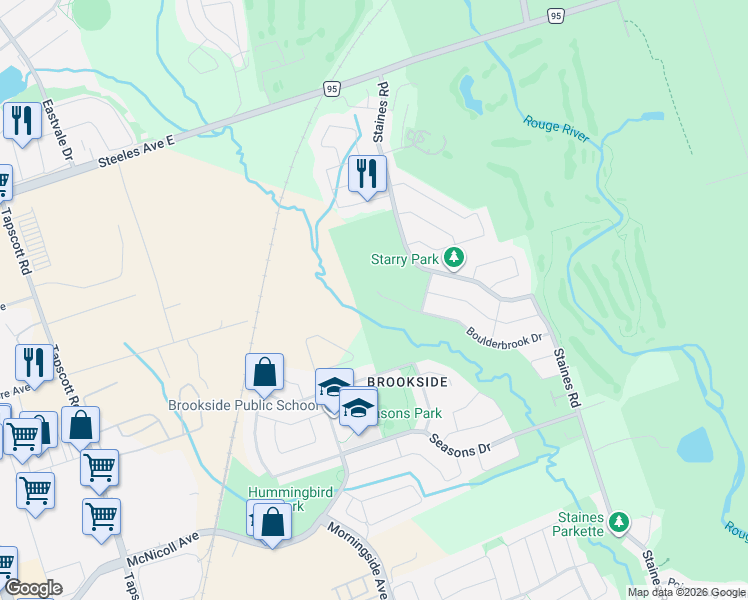 map of restaurants, bars, coffee shops, grocery stores, and more near 95 Boulderbrook Drive in Toronto